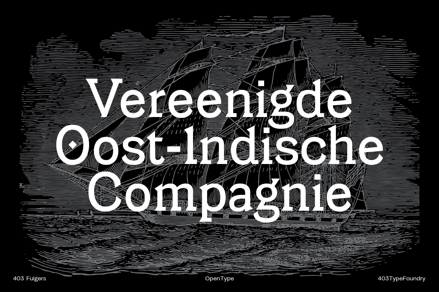 Dutch text overlaid on etched sailing ship illustration in black