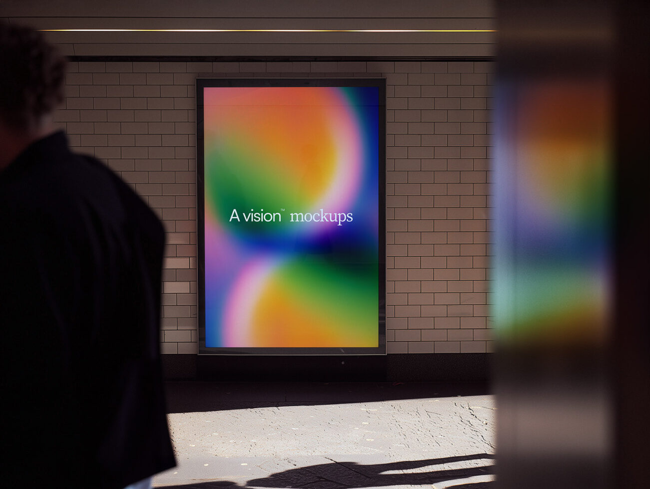Colorful gradient display on brick wall with A vision mockups text