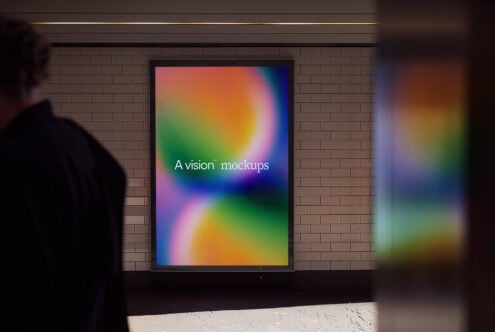 Portrait orientation screen mockup showing colorful gradient on brick wall