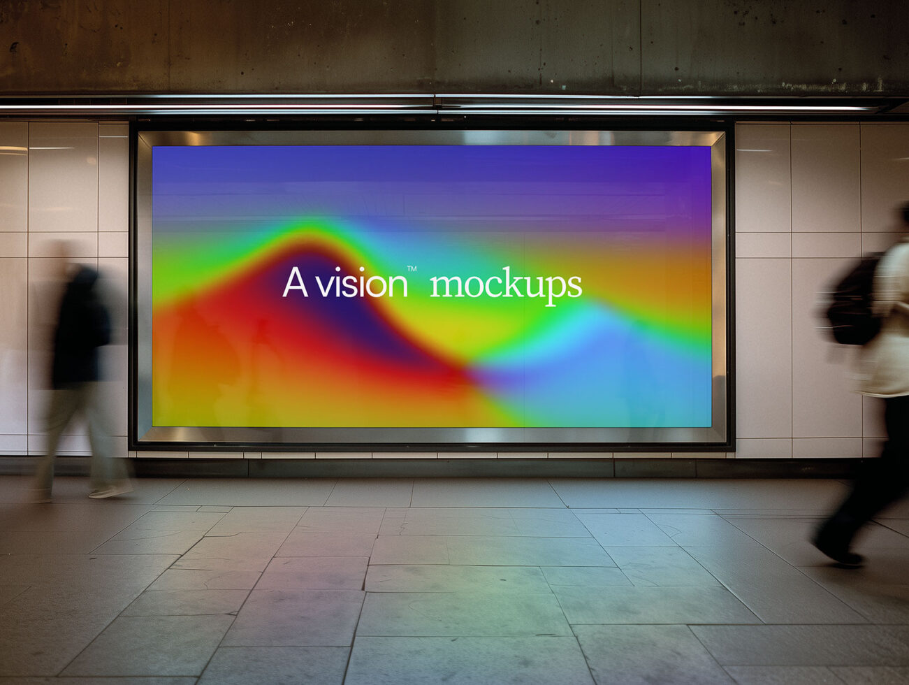 Horizontal billboard in transit hub showing rainbow gradient with white text overlay