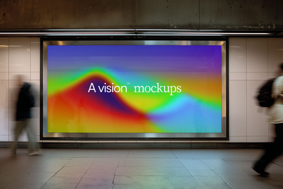 Wide horizontal billboard in tunnel showing rainbow gradient with white text overlay