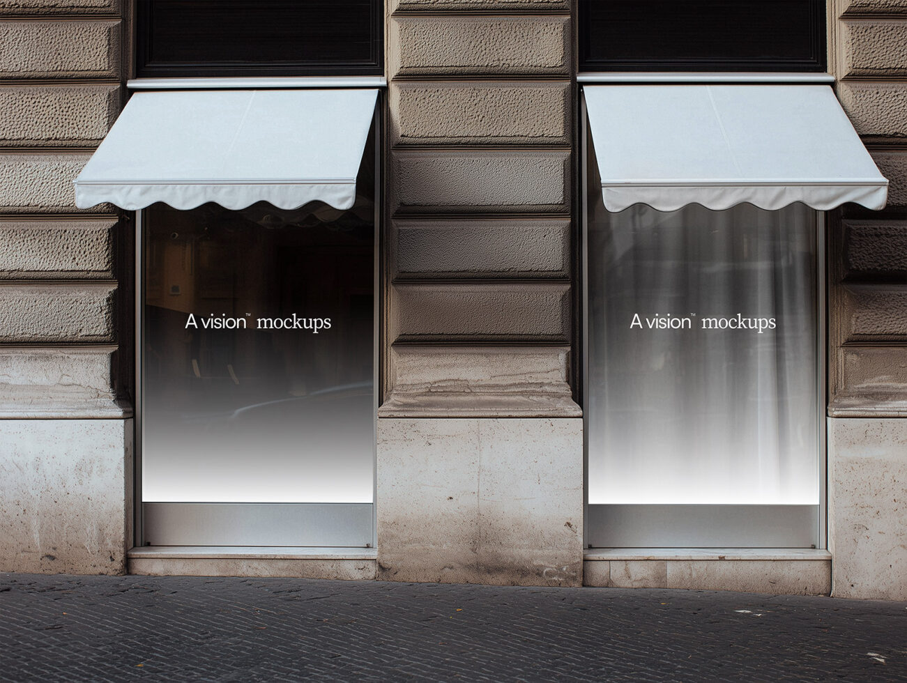 Light gray storefront awning mockup on textured stone building