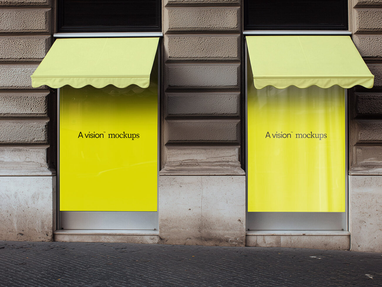 Neon yellow storefront awning mockup on brick building facade