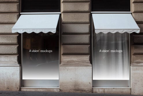 Pale blue awning mockup on stone building with people walking by