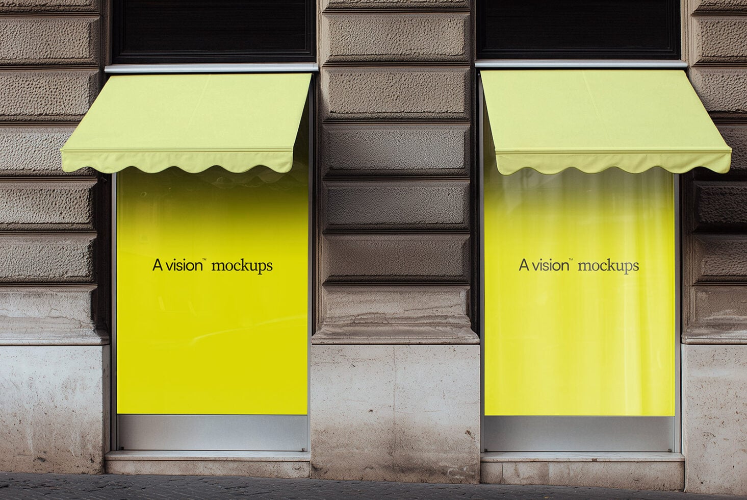 Bright lime awning mockup on urban storefront with scalloped edge