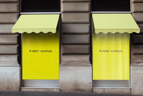 Bright lime awning mockup on urban storefront with scalloped edge