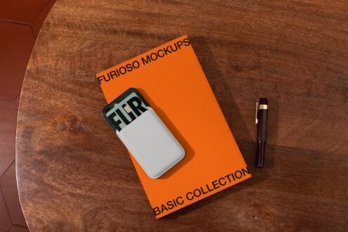 Orange flyer with phone case mockup on wooden desk with pen