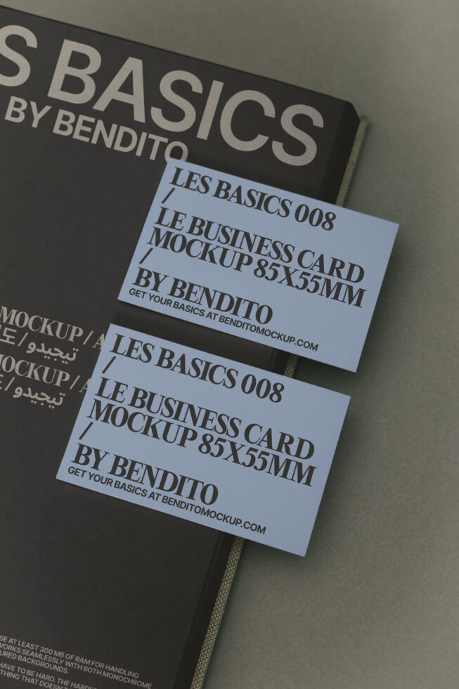 Two light blue business cards fanned on dark notebook with Les Basics branding