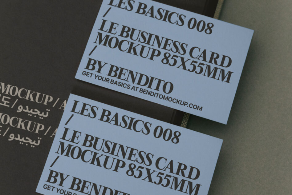 Two light blue business cards at angles on dark surface with Les Basics 008