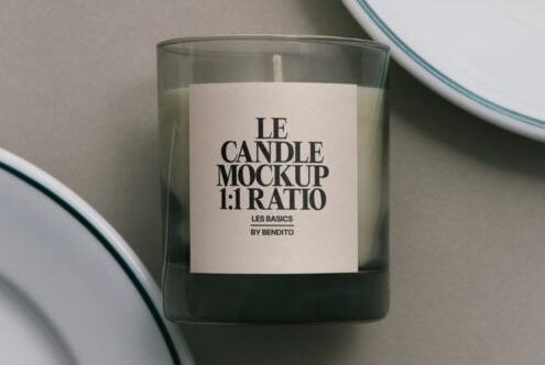 Frosted glass candle with cream label showing Le Candle Mockup 1:1 Ratio text