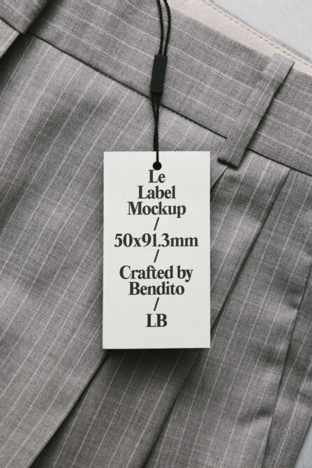 Cream hang tag on pinstriped fabric with black cord, showing Le Label Mockup details