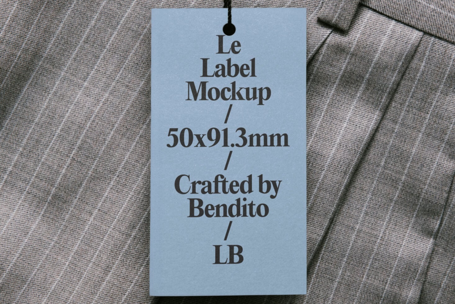 Light blue hang tag draped on pinstriped fabric, displaying Le Label Mockup 50x91.3mm