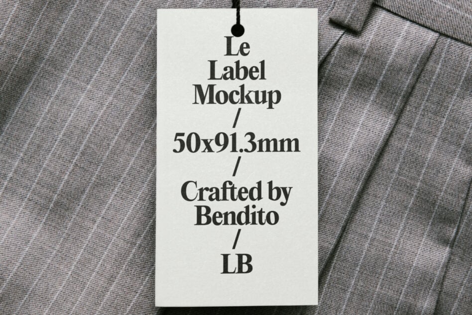 Cream hang tag on textured fabric with black cord showing Le Label Mockup text