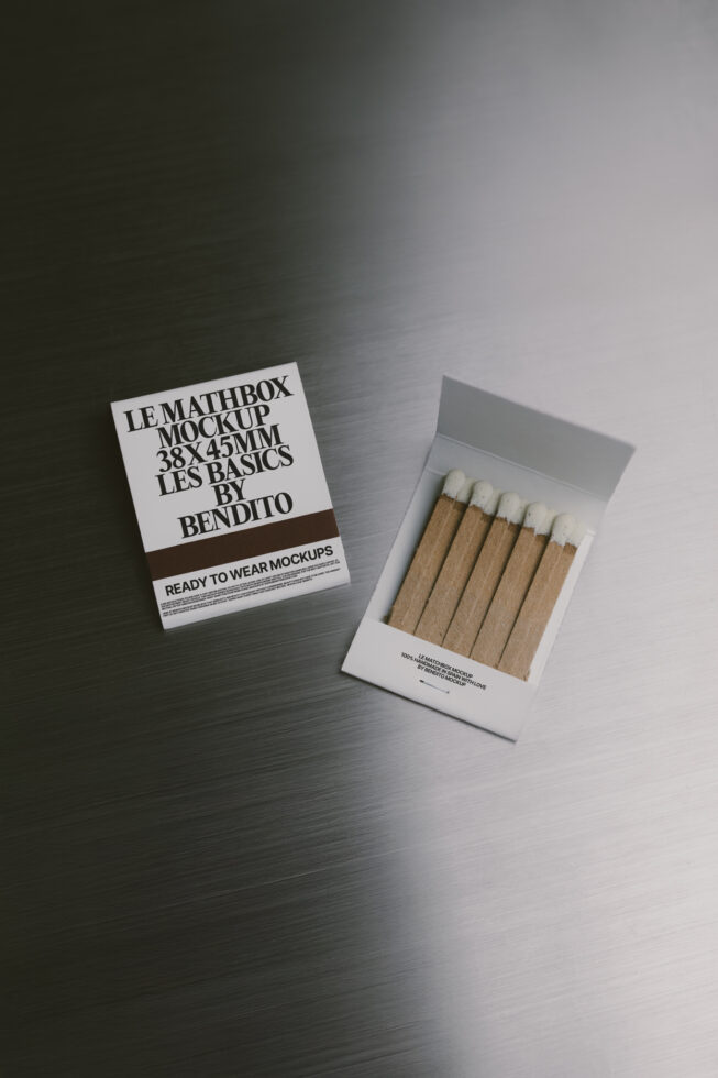 White matchbox mockup beside open box displaying wooden matches with cotton tips inside