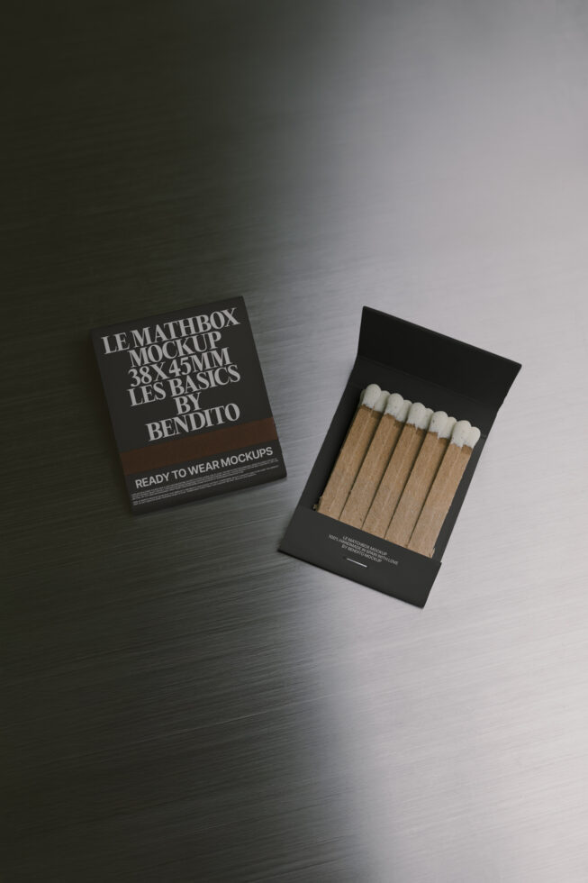 Matchbox mockup with wooden matches inside, black box with white card label on metal surface
