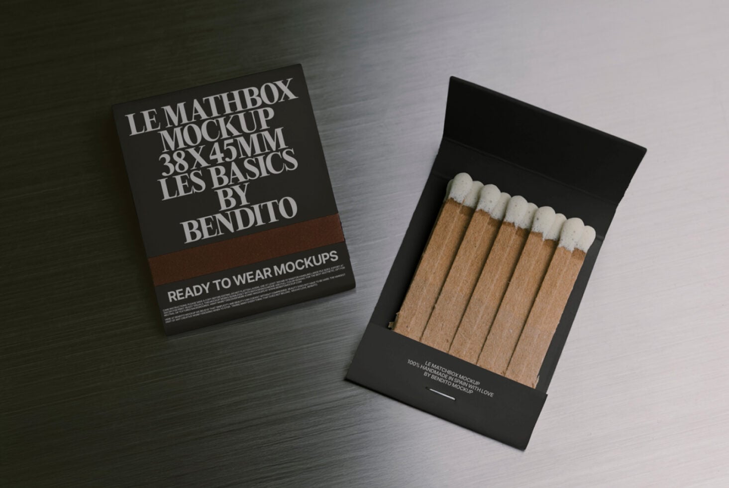 Dark matchbox mockup with brown stripe shown open with striking matches, tilted arrangement