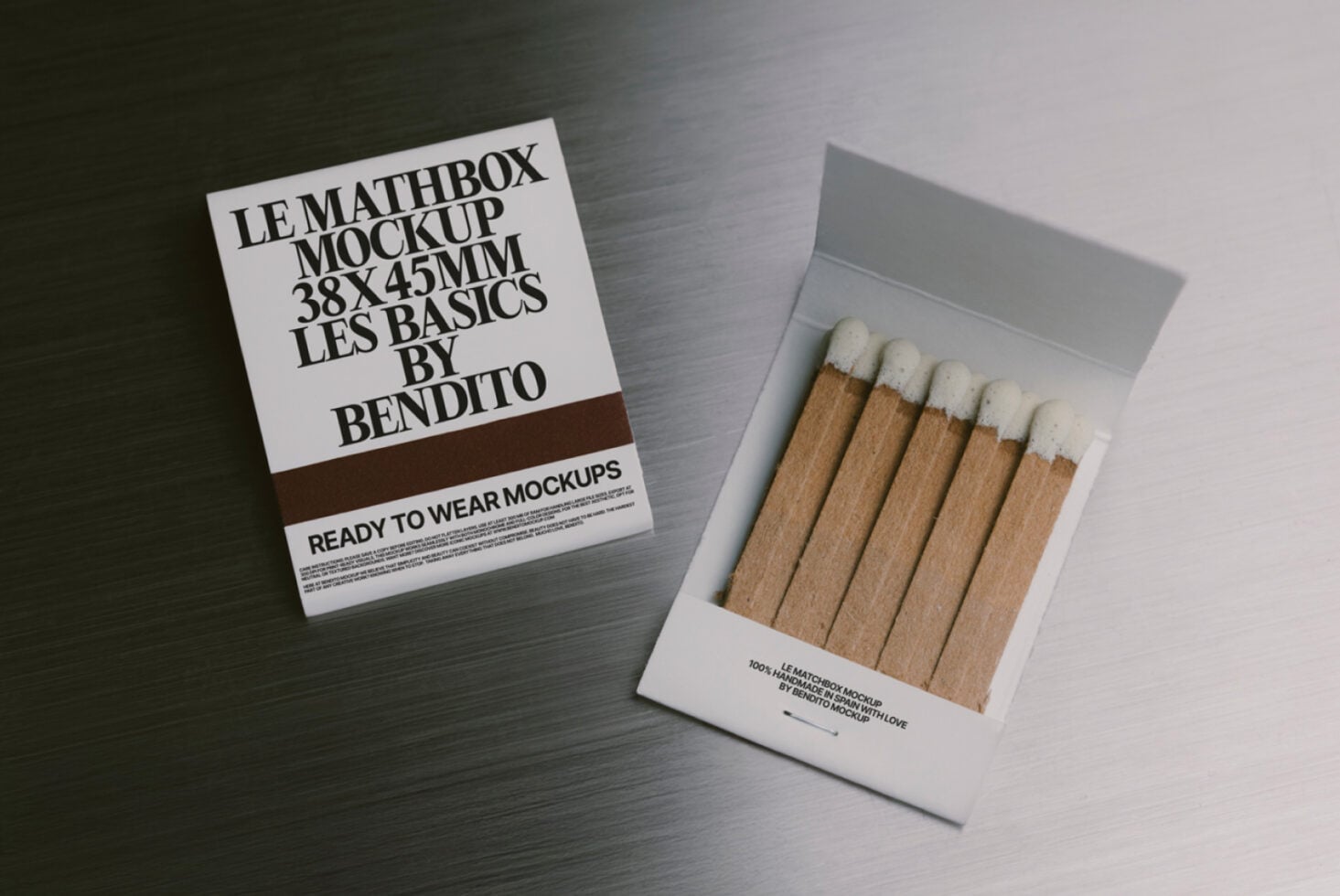 Matchbox mockup with wooden sticks next to white box packaging labeled Le Mathbox