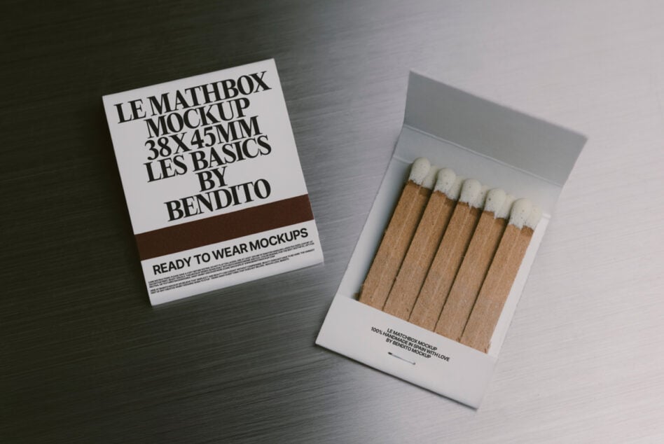 Matchbox mockup with wooden sticks next to white box packaging labeled Le Mathbox