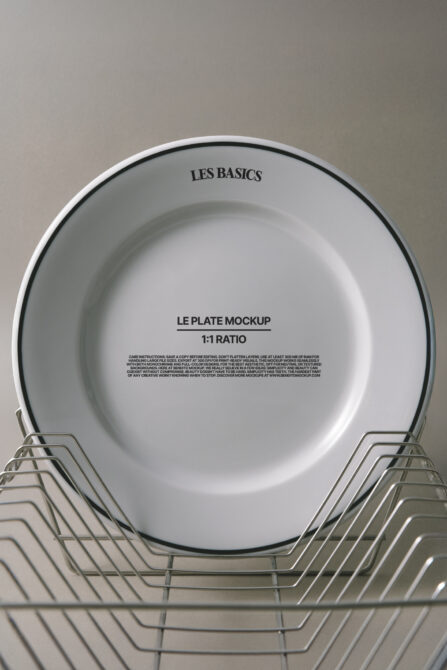 White ceramic plate stacked in metallic wire racks viewed overhead
