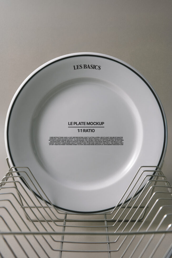 White ceramic plate stacked in metallic wire racks viewed overhead