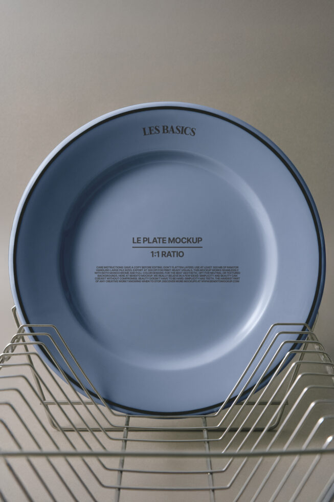 Blue ceramic plate sitting in wire dish racks shot from above
