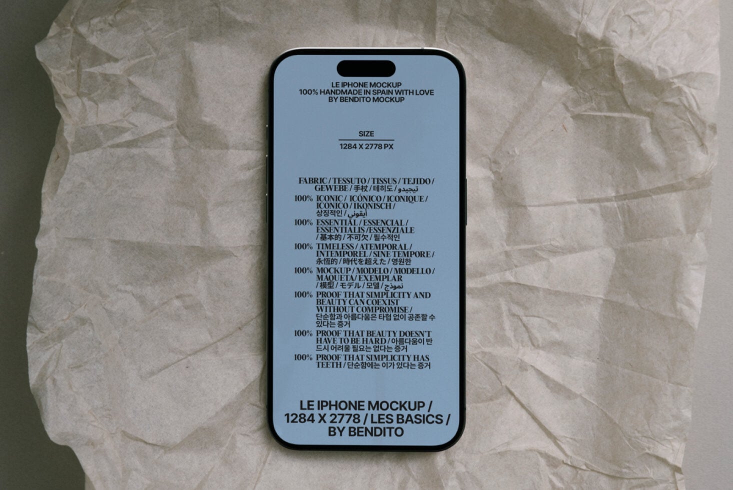 iPhone 14 Pro mockup with light blue screen on crumpled tissue, Le iPhone Mockup by Bendito