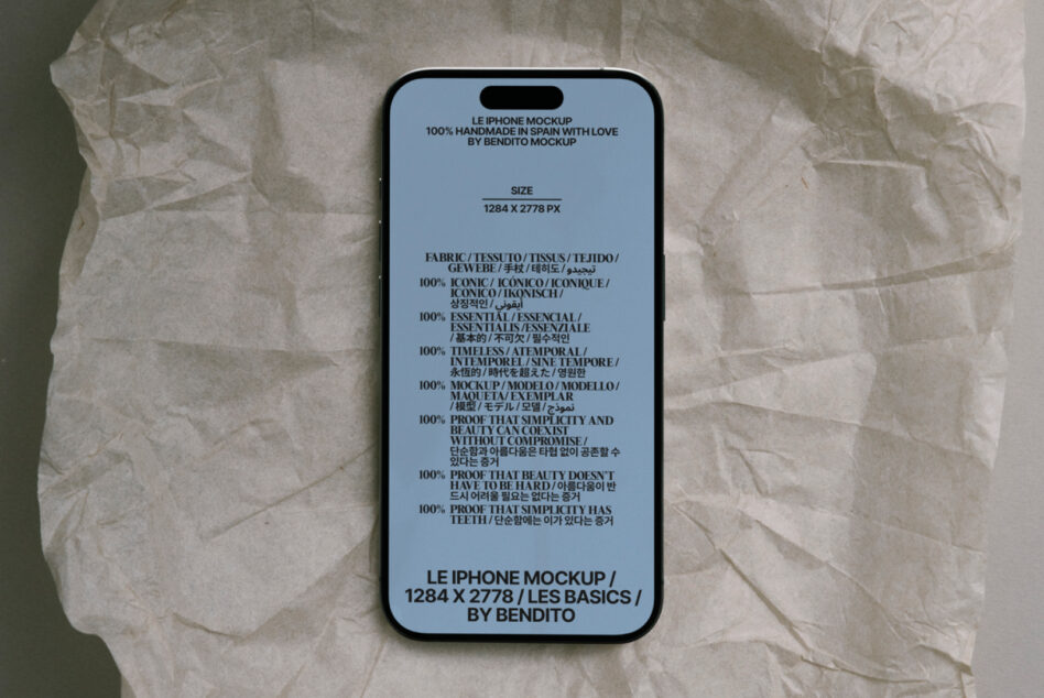 iPhone 14 Pro mockup with light blue screen on crumpled tissue, Le iPhone Mockup by Bendito