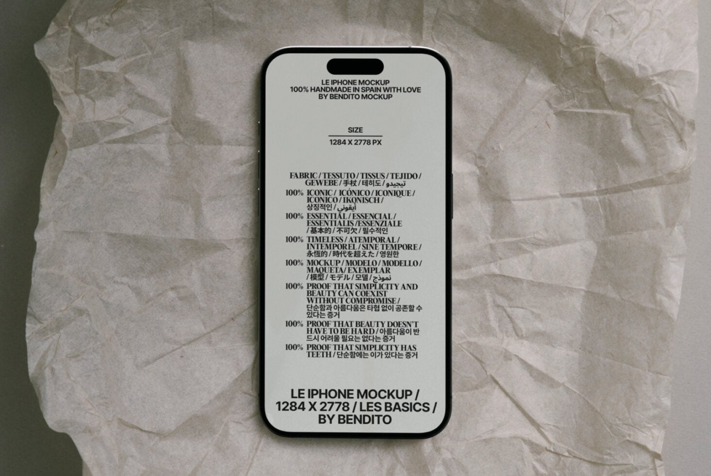iPhone mockup on crumpled paper with multilingual product details text