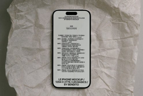 iPhone mockup on crumpled paper with multilingual product details text