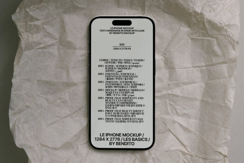 iPhone mockup on crumpled paper with multilingual product details text