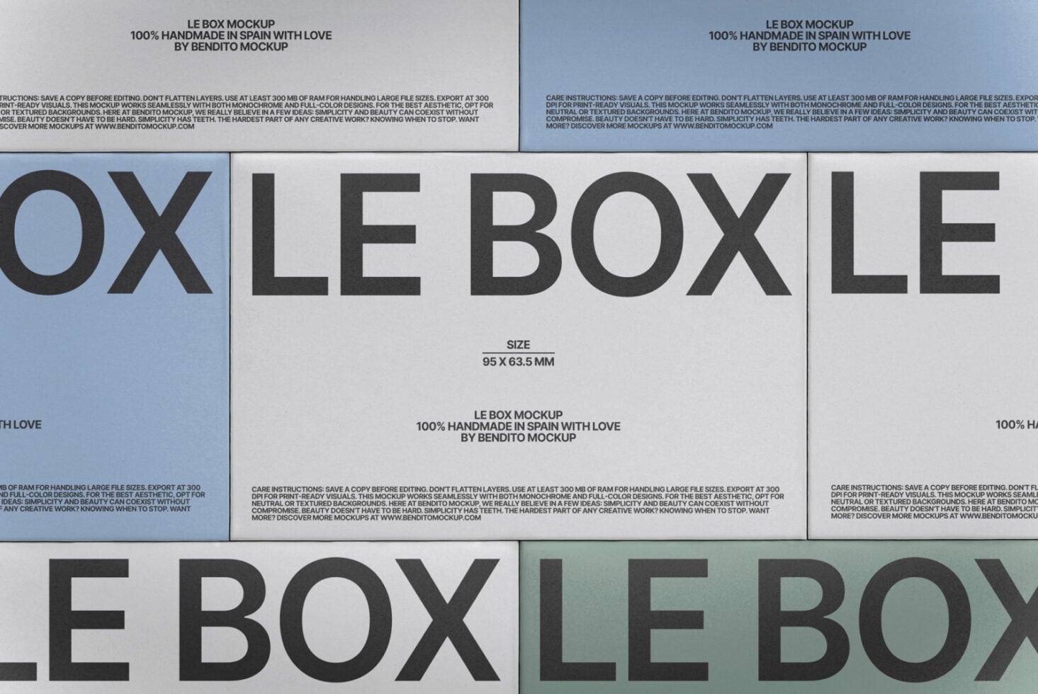 Le Box mockup showing multiple color variations on folded template