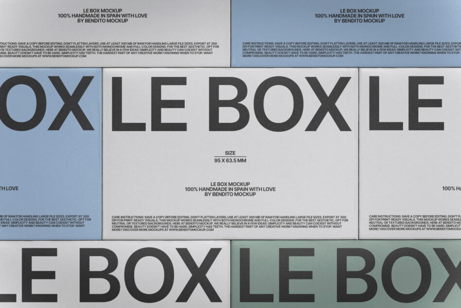 Le Box mockup showing multiple color variations on folded template