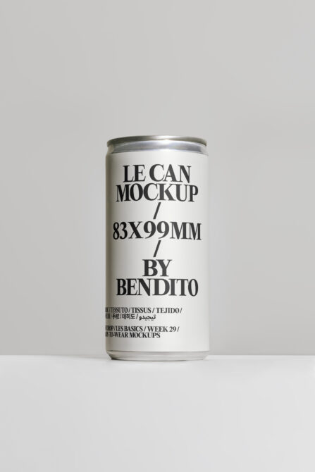 White aluminum can mockup with silver rim, bold typography centered on label