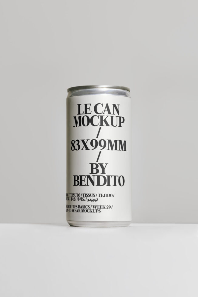 White aluminum can mockup with silver rim, bold typography centered on label