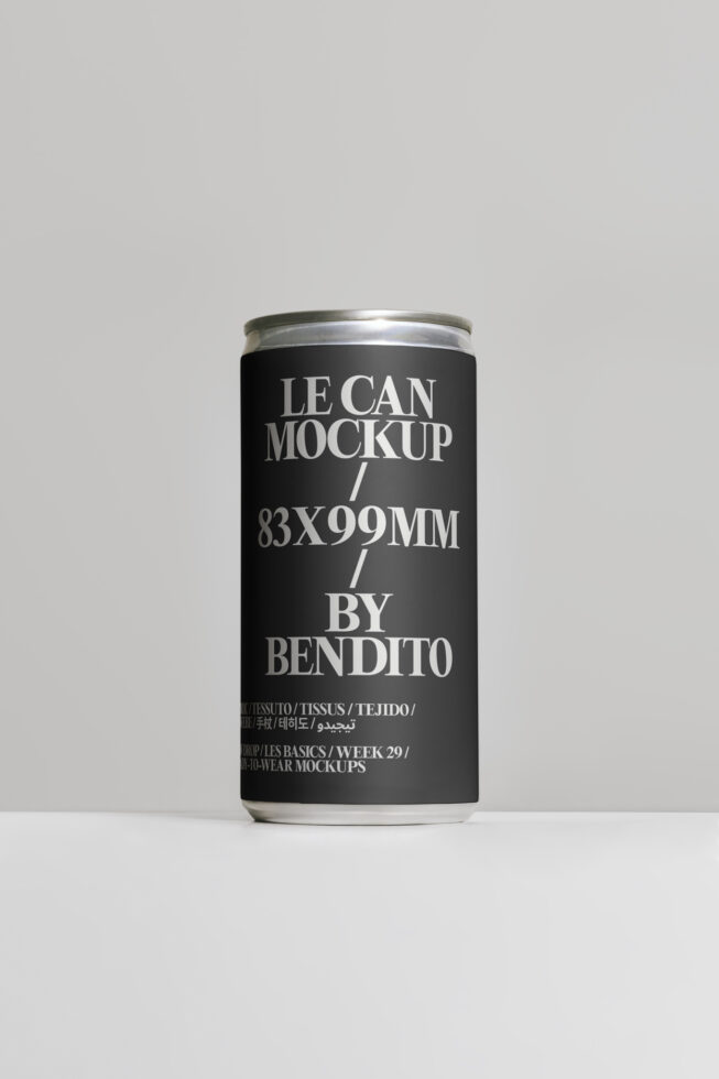 Black aluminum can mockup with silver trim, text layout on dark background