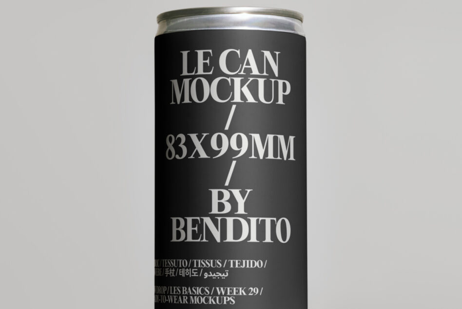 Dark aluminum beverage can with reflective silver top, multilingual text design