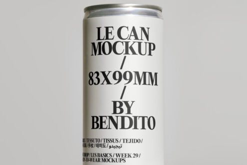 Light beige aluminum can mockup with metallic rim, minimalist type treatment