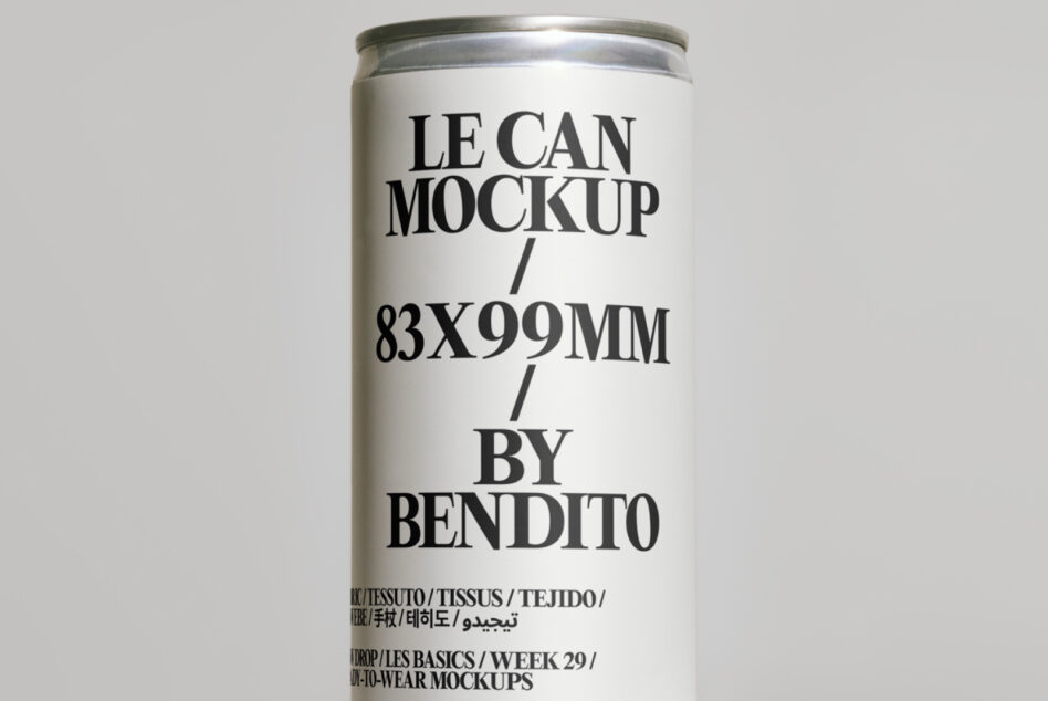 Light beige aluminum can mockup with metallic rim, minimalist type treatment