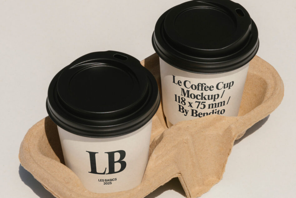 White to-go coffee cups with black lids in brown cardboard sleeve carrier