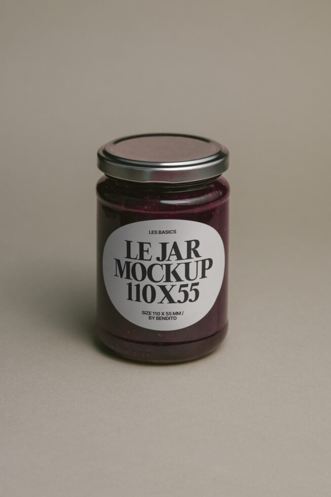 Dark red jam jar with silver lid displaying circular white label mockup