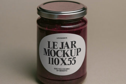 Maroon glass jar mockup with white label on neutral beige backdrop