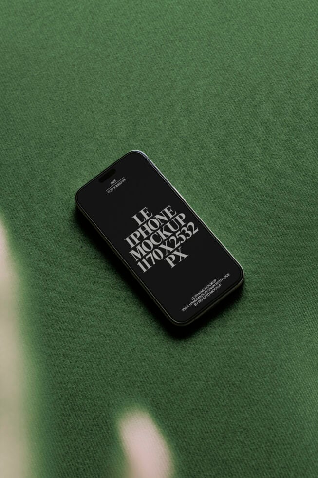Black iPhone mockup centered on sage green fabric with soft shadow
