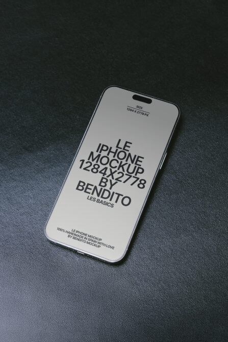 White iPhone mockup angled on dark slate background with notch visible