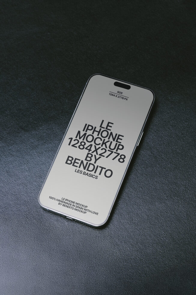 White iPhone mockup angled on dark slate background with notch visible