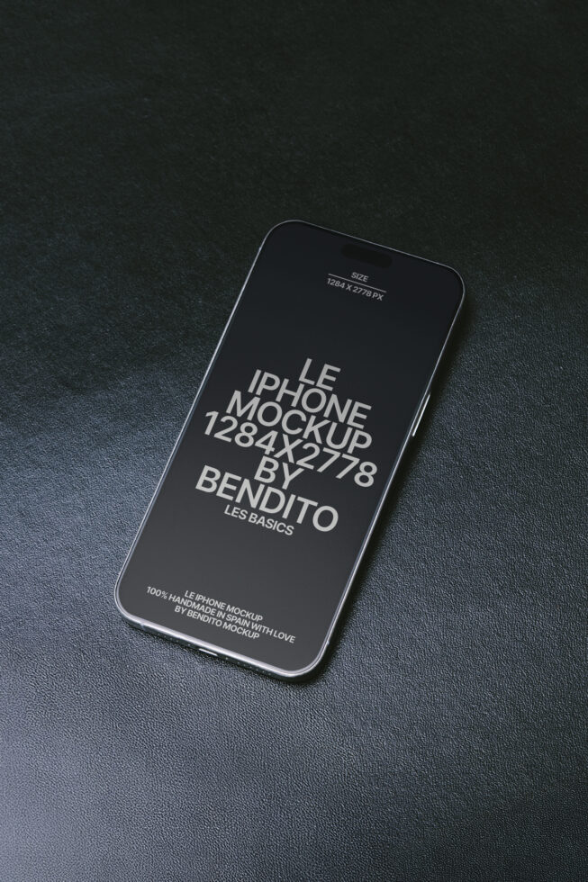 Black iPhone mockup on dark textured surface showing full screen display