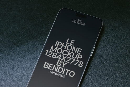 Dark iPhone mockup at angle on grey textured fabric surface