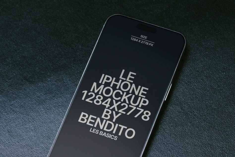 Dark iPhone mockup at angle on grey textured fabric surface