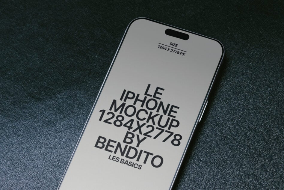 Light grey iPhone mockup tilted on grey material background