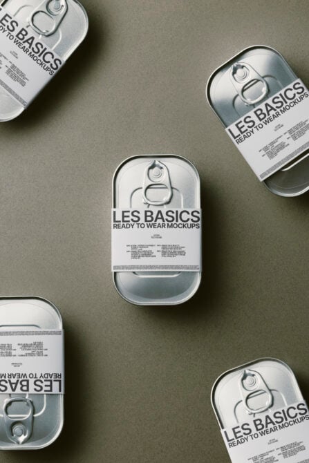 Five metallic cans on neutral background with ready to wear mockups labels