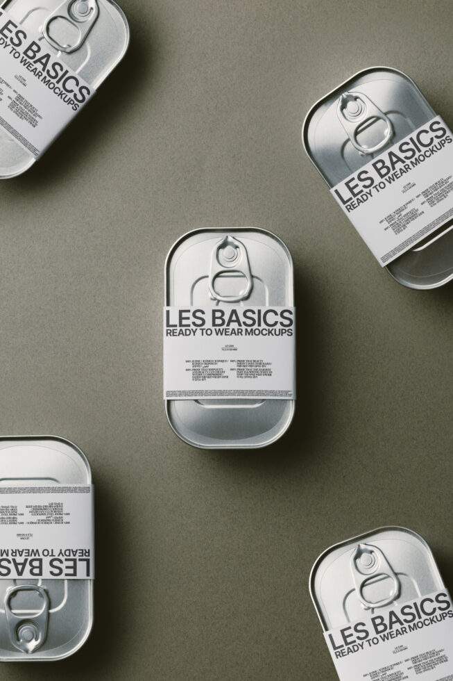 Five metallic cans on neutral background with ready to wear mockups labels